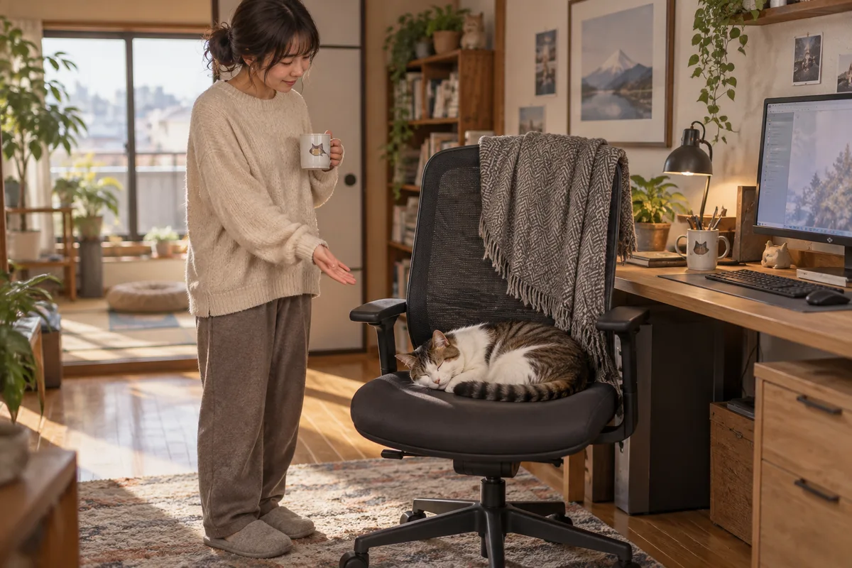 猫が寝たので使えなくなった椅子。本来の持ち主は分かっているのに、誰もそれを主張しない。
