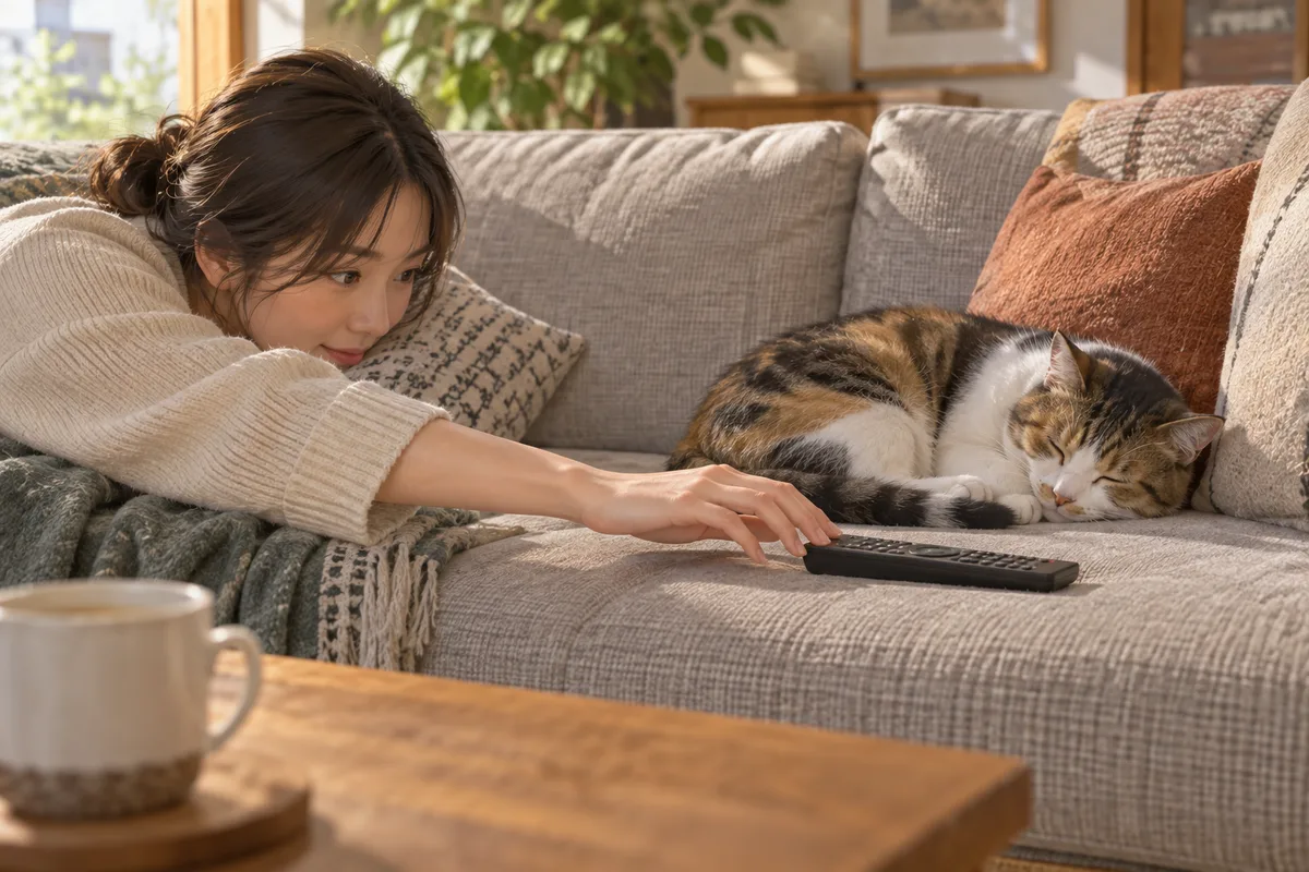 猫を起こさずに取ろうとするリモコン。少し不便でも、眠りの方が優先される夜がある。