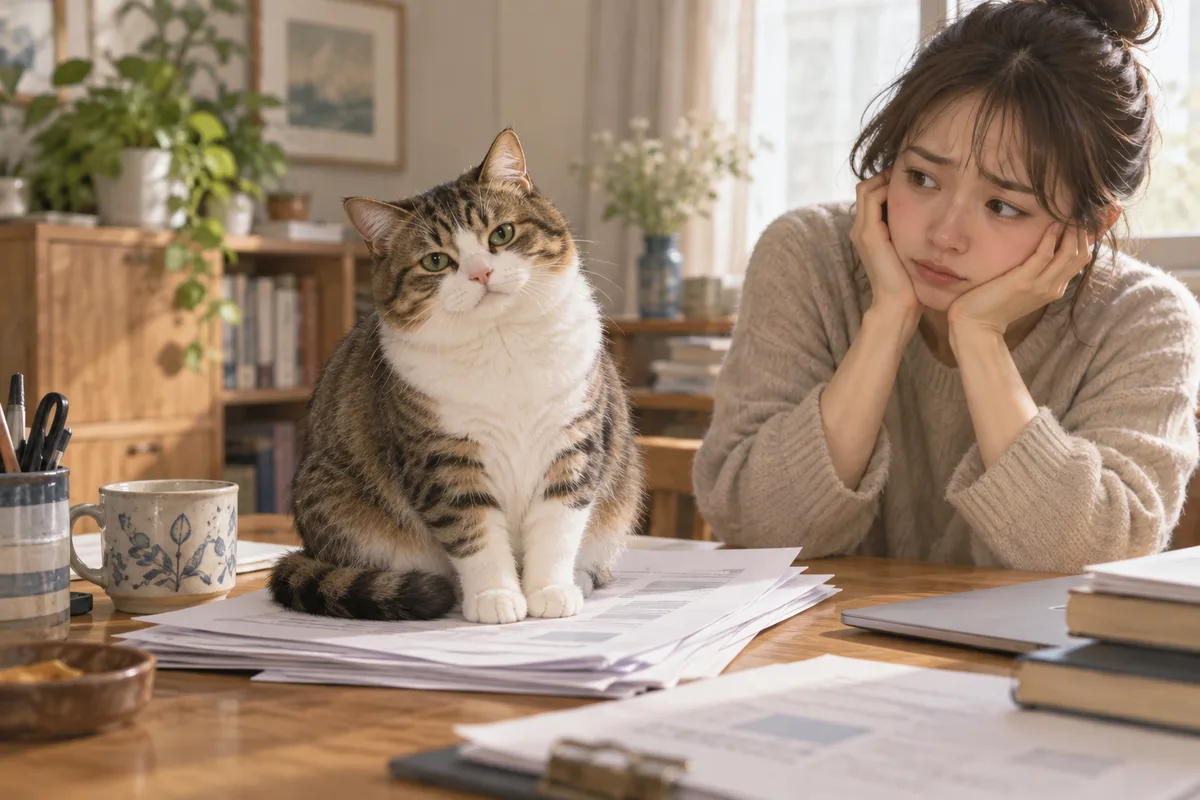 書類の上が一番人気の作業机。重要書類ほど、なぜか猫に見つかりやすい。