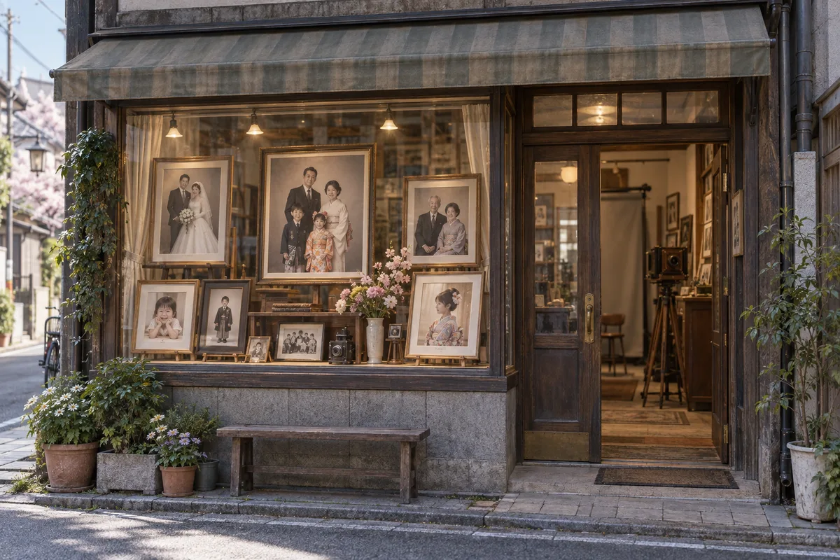シャッターが開かなくなった写真館。飾られていた家族写真だけが、まだその店を知っている。