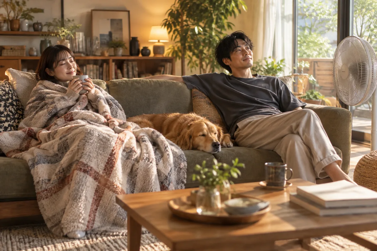 室温の正解が二つあるソファ。ひとりは快適、ひとりは寒い。季節より先に論点が来る。