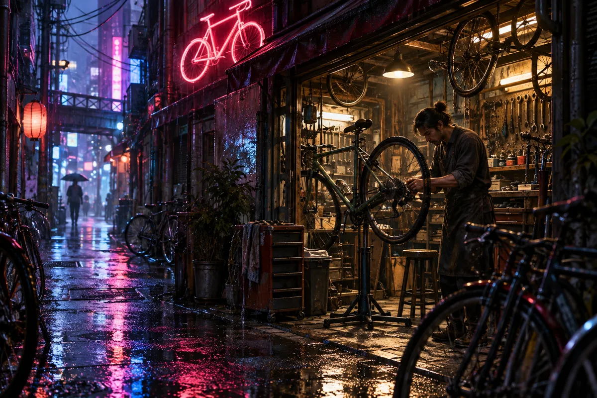 ネオンの下で自転車を直す店。街全体が未来でも、直し方は案外変わらない。