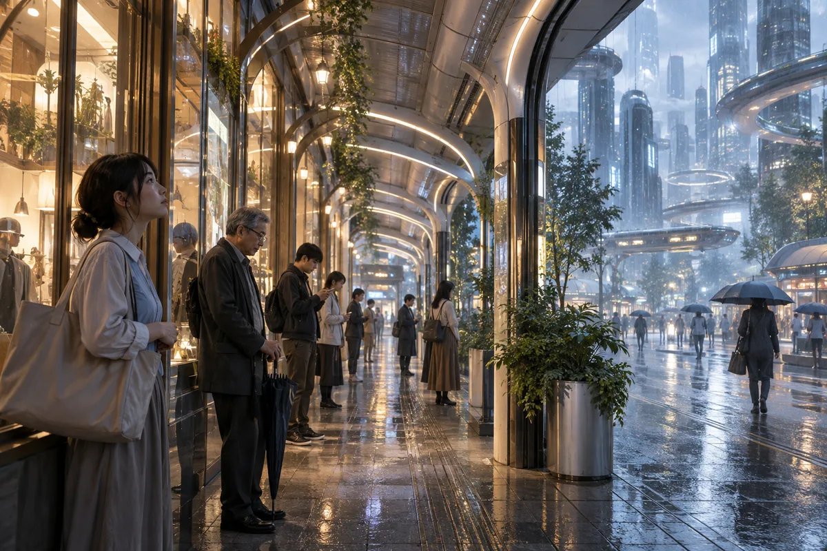 未来の街でも変わらない雨宿り。濡れたくない気持ちは、技術では解決されていない。
