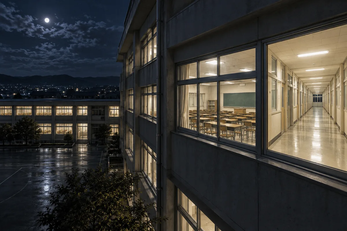 夜なのに明るい学校。誰もいないのに、なぜか廊下だけ明るい。