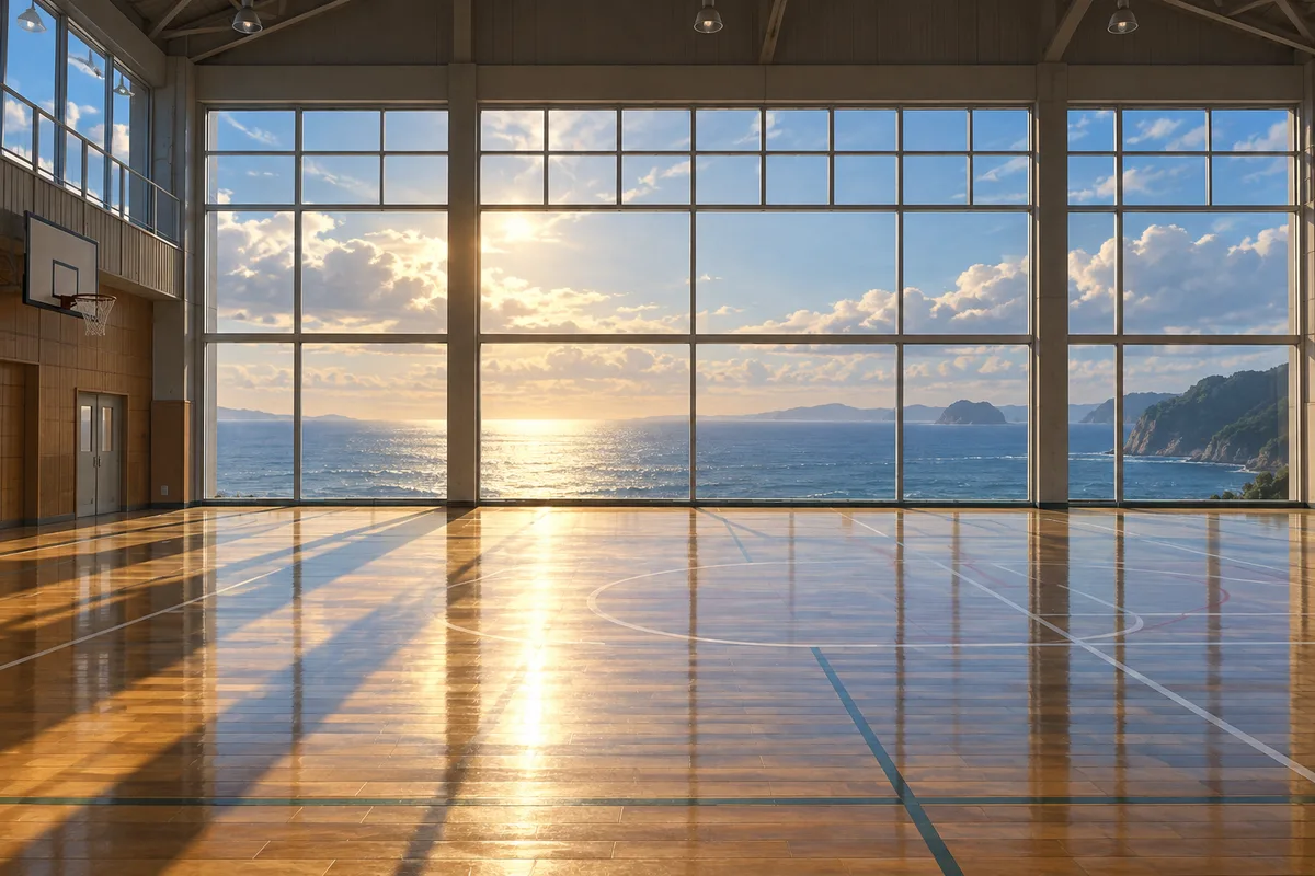 海の見える体育館。ありえないのに、夢ではなぜか成立している景色。