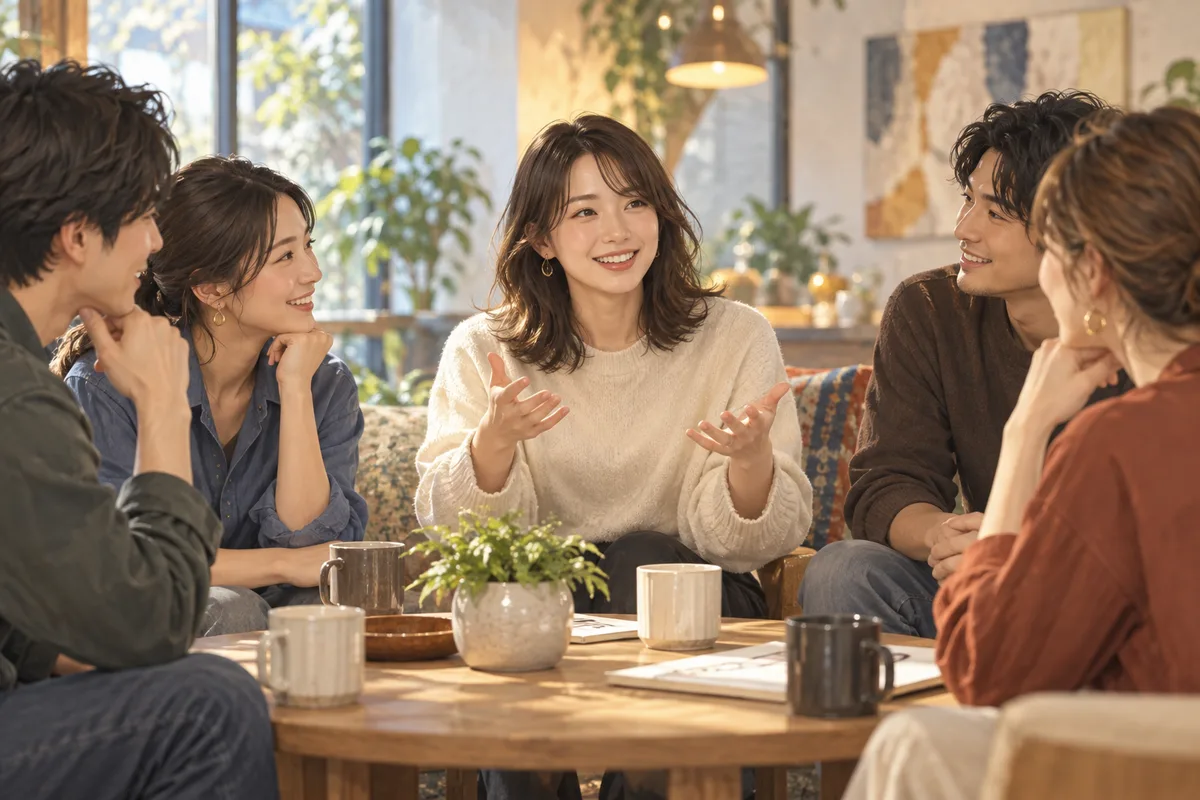 会話が止まらないようにする席。誰かが孤立しそうだと、自然に橋渡しをしている。