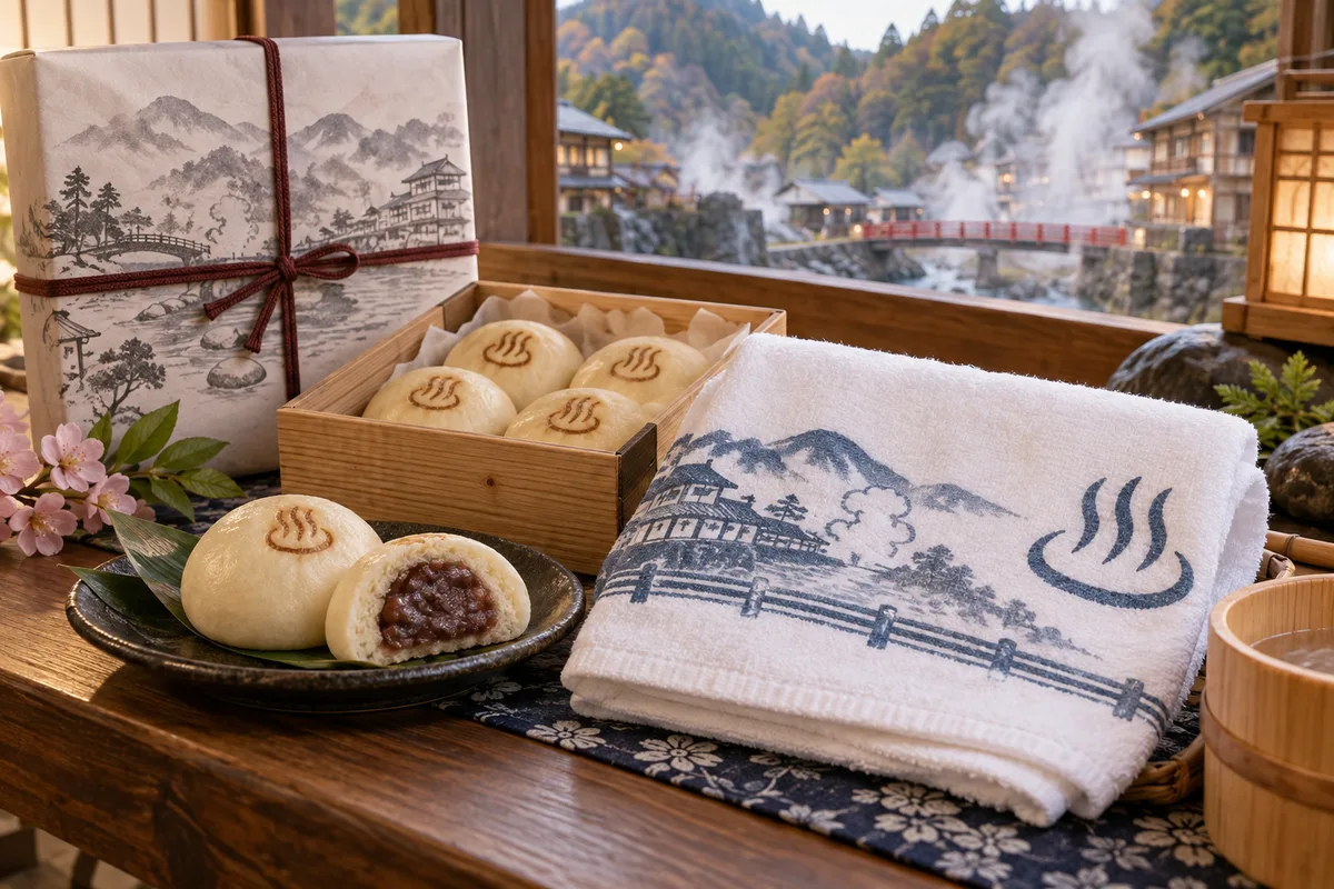 温泉地のタオルと饅頭セット。実用と定番を迷いなく一緒に売ってくる安心感。
