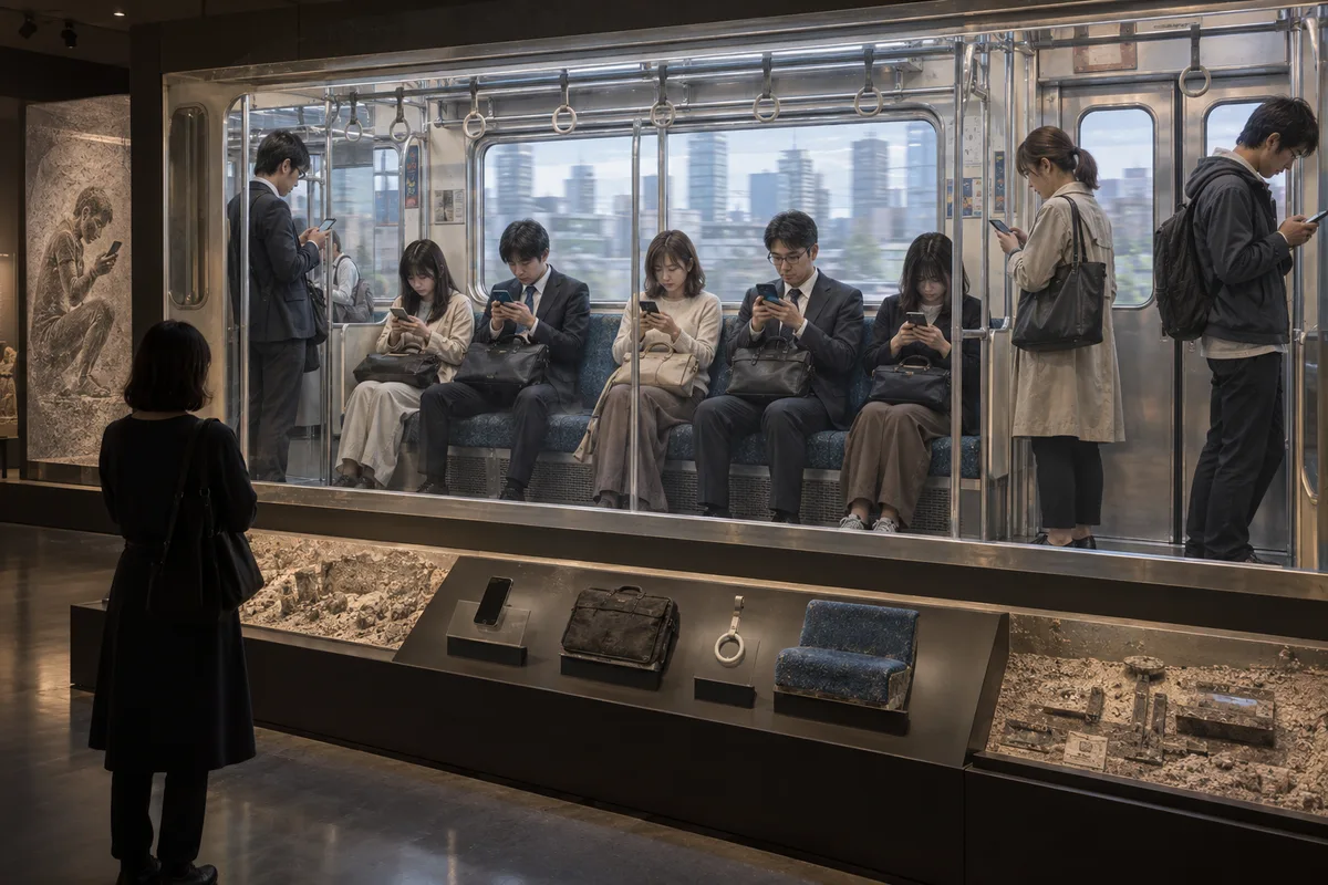 スマホ依存を宗教的儀式だと解釈した資料。列車内で無言で同じ姿勢を取る人々の謎の習慣。