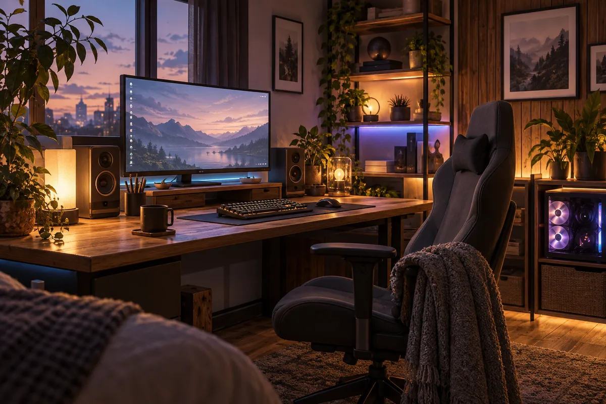 光らせすぎない木目のゲーム部屋。派手さではなく、ずっといられる落ち着きで勝負している。