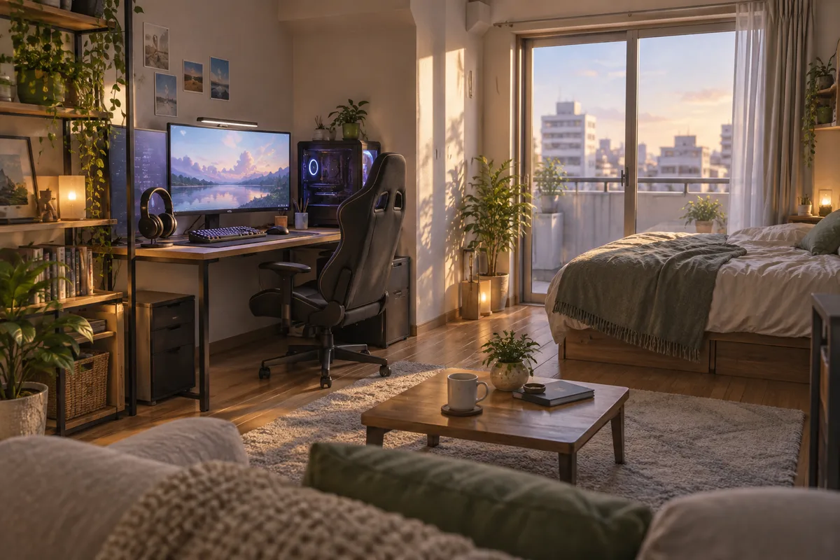 生活空間とゲーム空間が共存する部屋。趣味に全振りしすぎず、でも譲らない場所がある。