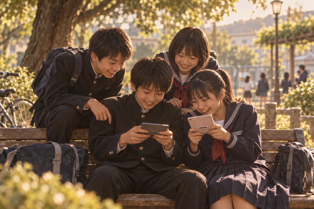 携帯ゲーム機を囲む放課後。勝敗よりも、その場に集まっていることが楽しかった。