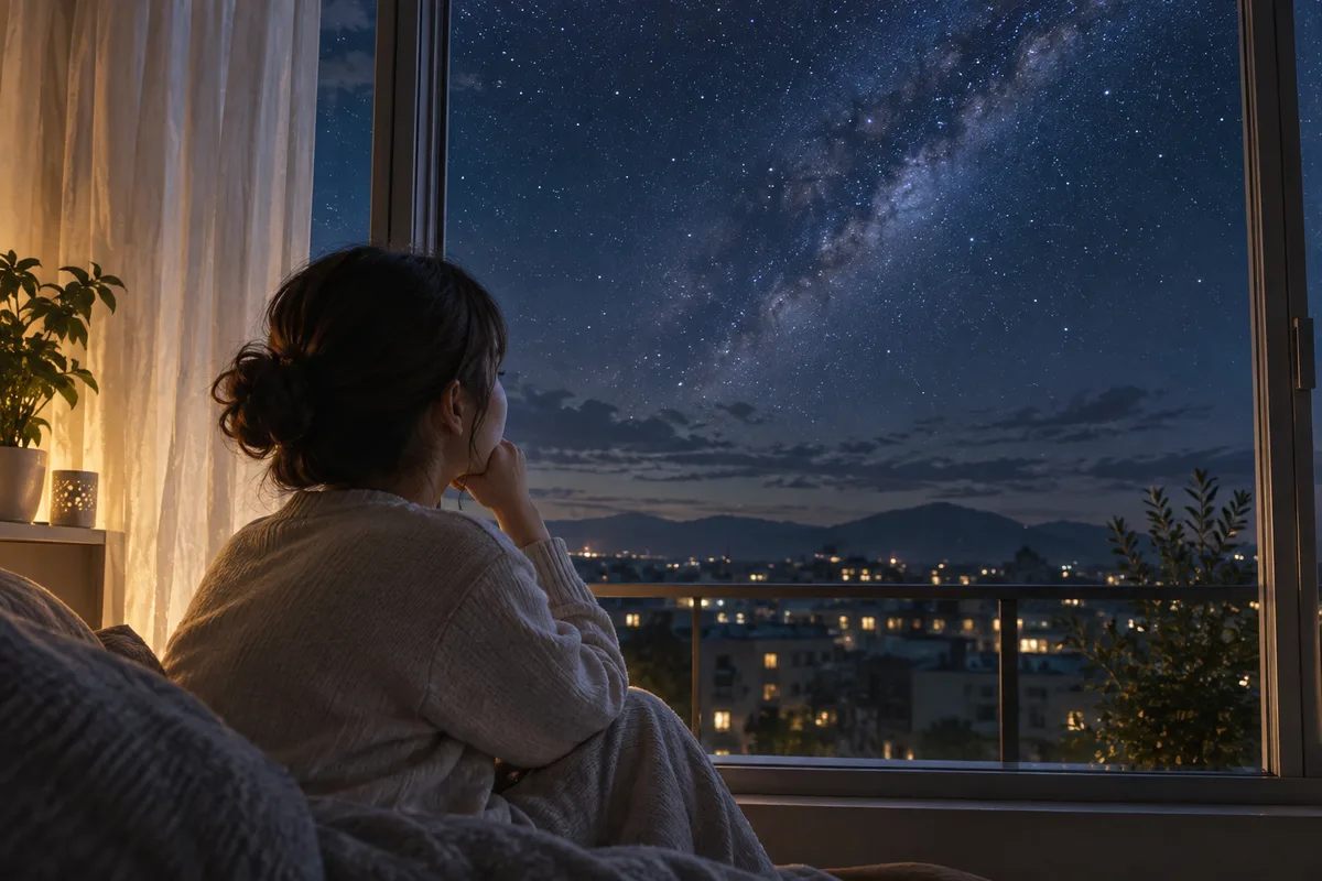 ひとりで見る夜の空。静かな夜に、自分の気持ちを誰にも言わず見つめ直している。