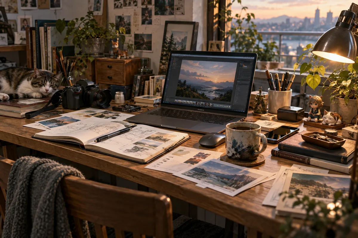 片づけない理由のある机。散らかって見えても、本人の中では検索性が高い。