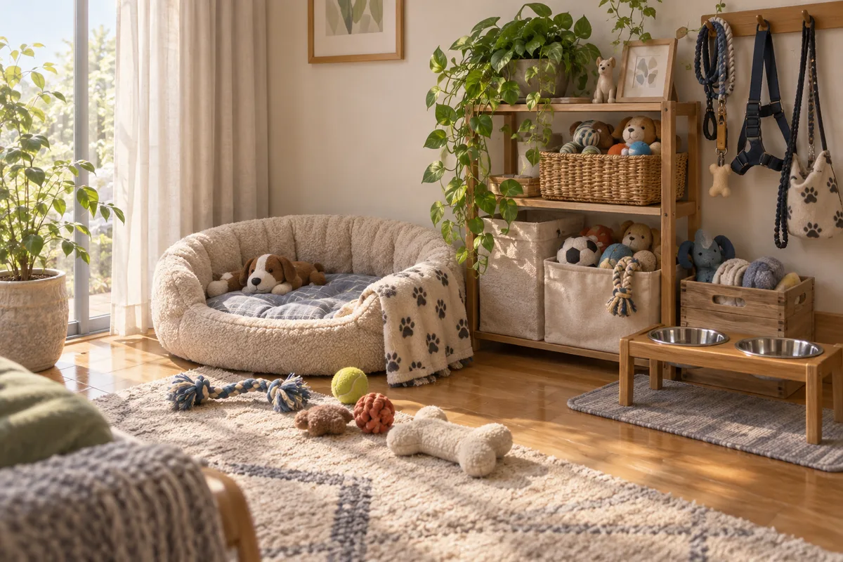 ソファより充実していく犬用品の一角。人間の生活空間より、先に整っていく場所がある。