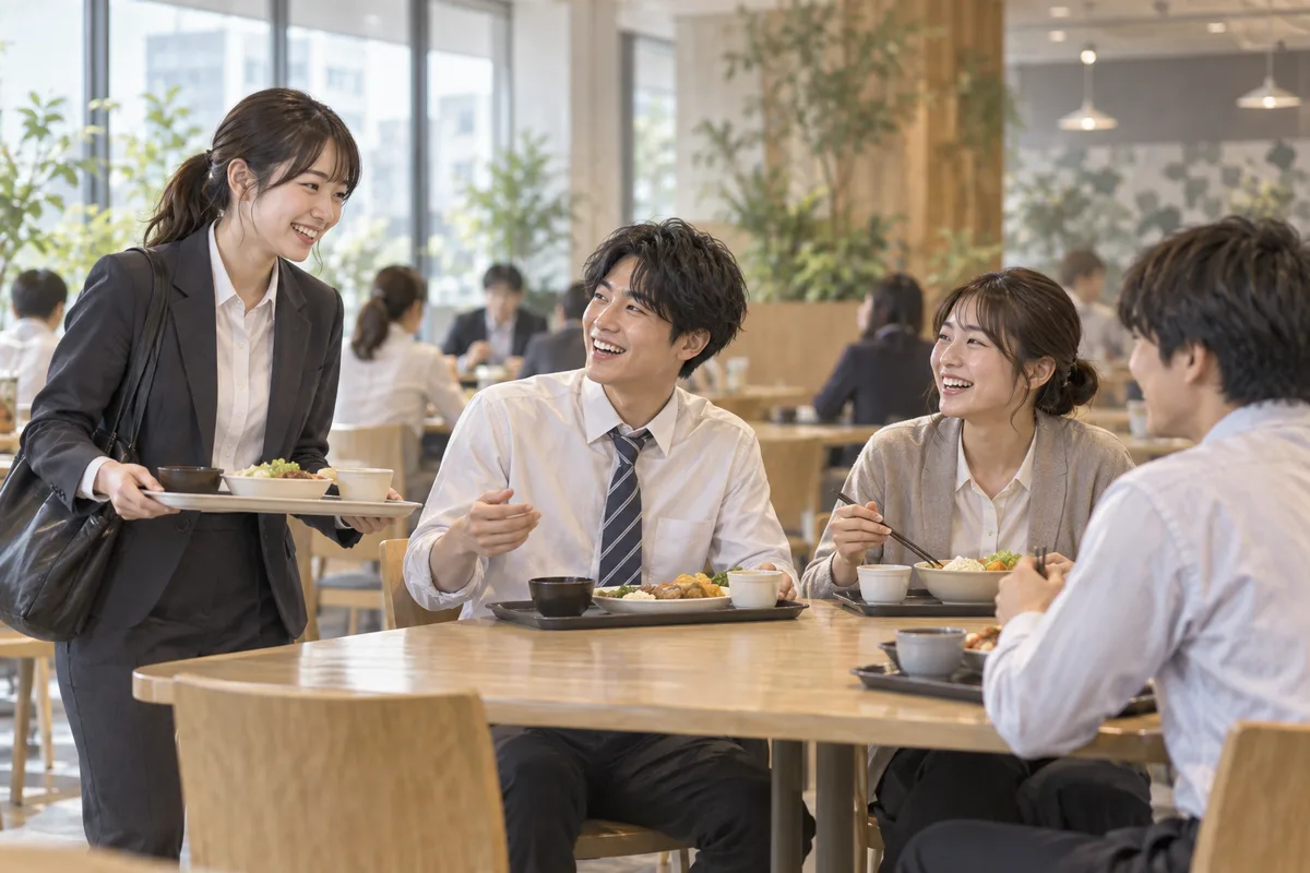 昼休みに同期を見つけた安心感。ひとりでも食べられるが、見つかると少しだけ救われる。