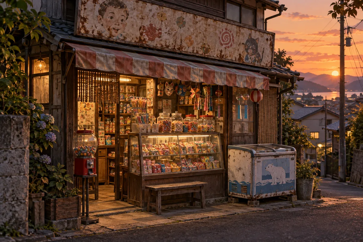 祖父母の家の近くにあった気がする駄菓子屋。行った記憶は曖昧なのに、棚の匂いだけは妙に思い出せる。