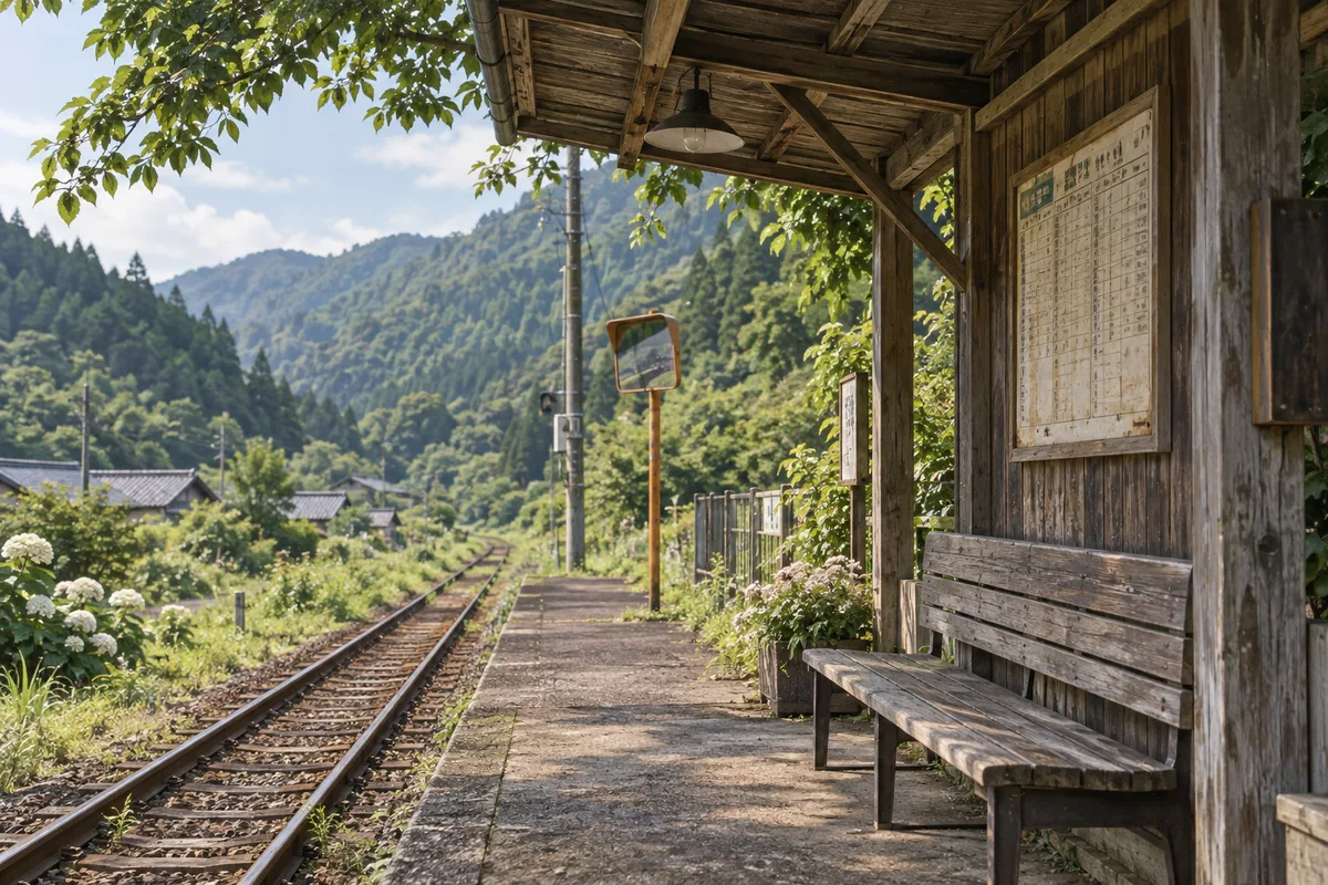昔の帰省で降りた気がする無人駅。誰もいないのに、列車が来るまでの時間だけは長く覚えている。