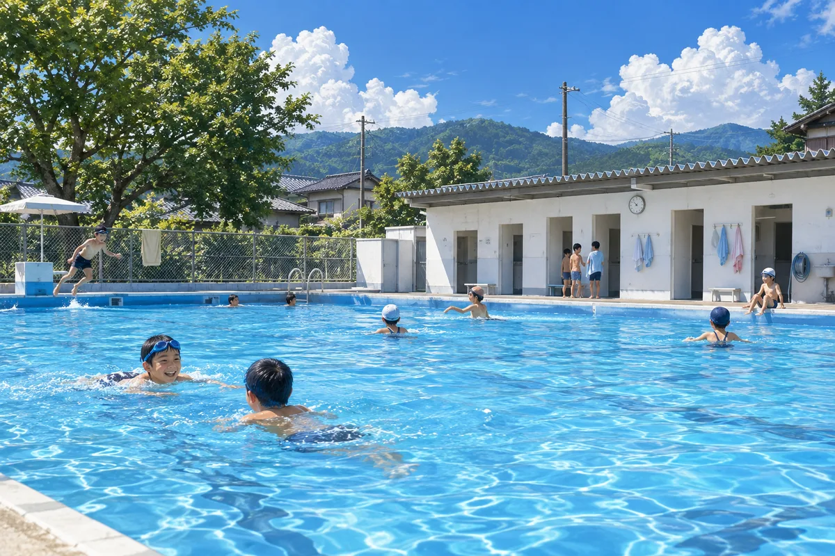 小学生の頃に行った気がする市民プール。更衣室の床の冷たさと、帰り道の眠さだけを覚えている。