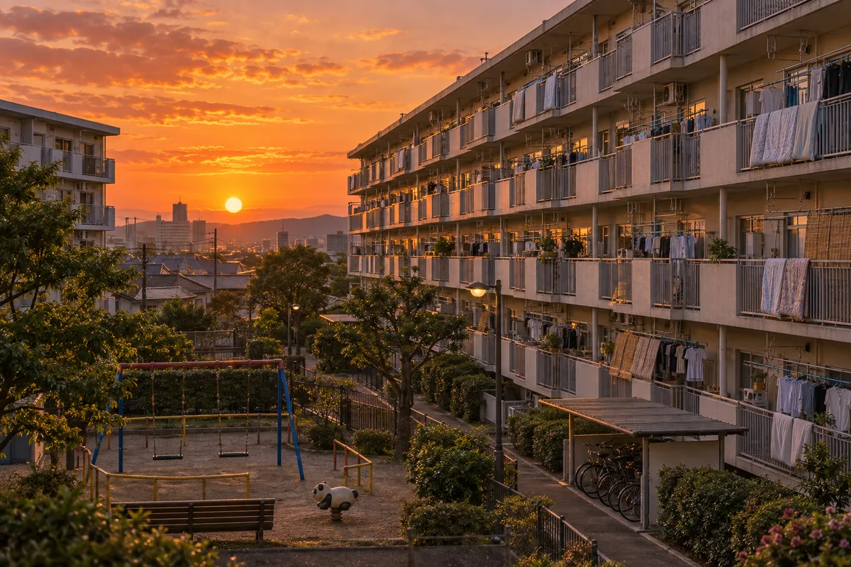 どこにでもありそうな夕暮れの団地。同じ形のベランダが並ぶだけで、なぜか安心してしまう。