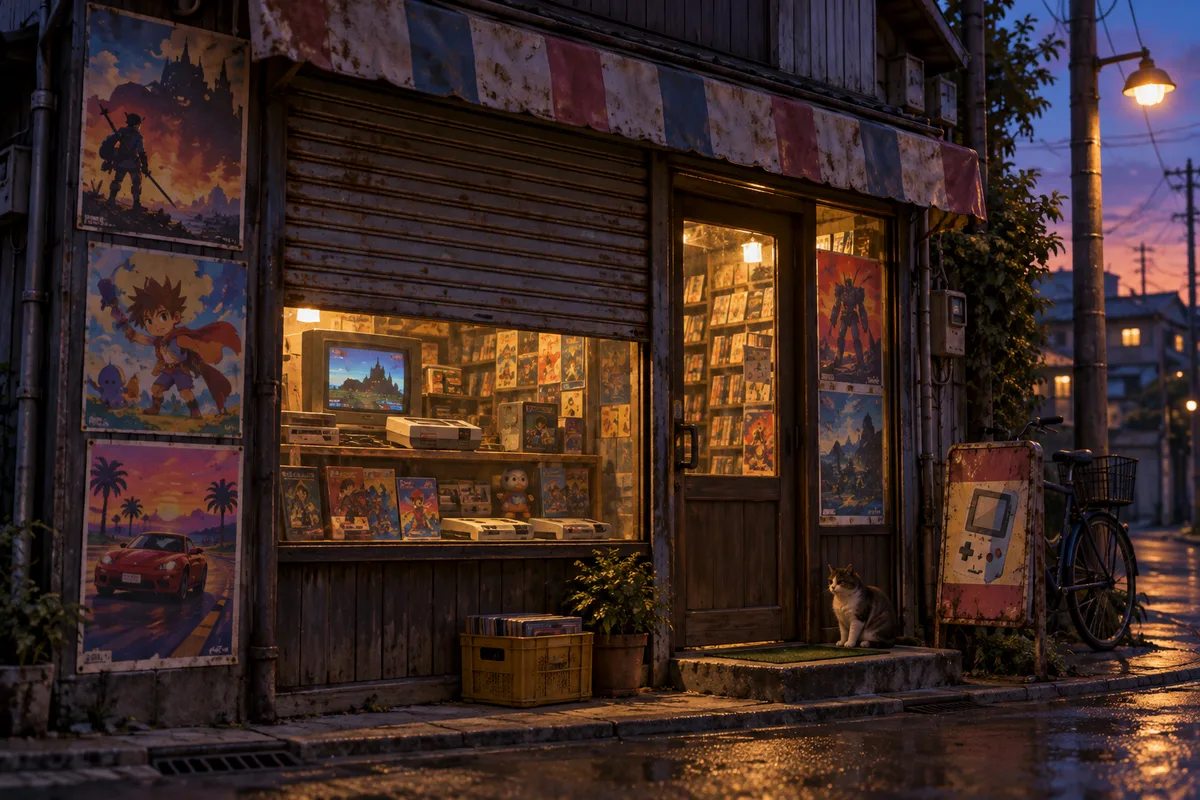 気づけばなくなっていた小さなゲーム屋。看板の色褪せ方まで知っている気がする、もうない店。