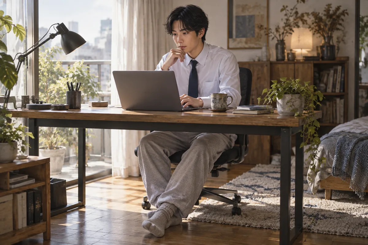 仕事用の服と部屋着の境界線。上半身だけが出勤しているような日もある。