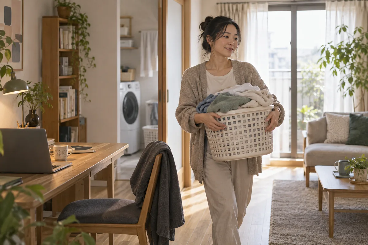 休憩時間にだけ進む洗濯。仕事と生活の切り替えが、家事のタイミングで可視化される。