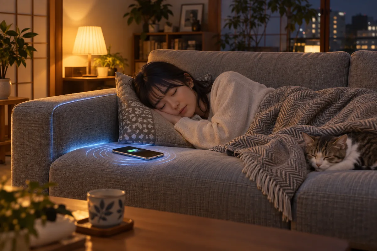 寝落ちした人だけ自動で充電してくれるソファ。眠ってしまった夜を、責めるのではなく少し助けてくれる。
