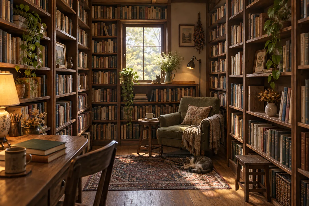 本棚に囲まれた小部屋。読むための部屋に、置いてあるものが全部つながっている。