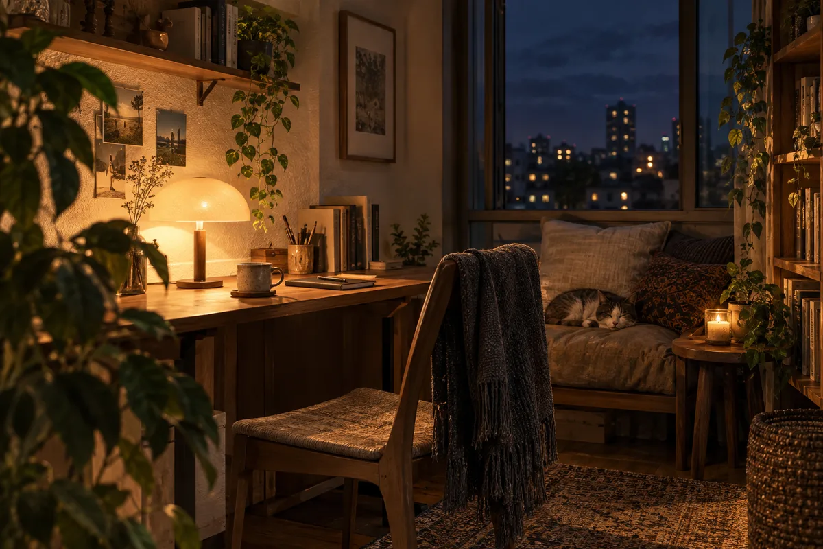 夜になると自分の場所になる一角。昼間は家の一部でも、夜には完全に個人の世界になる。