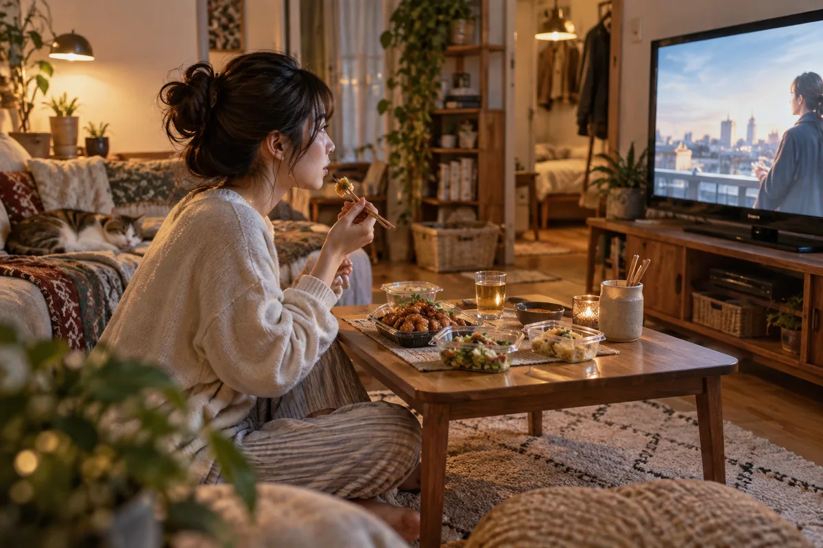 食器を使わず完結する夕食。洗い物を増やさない工夫が、そのまま食生活になる。