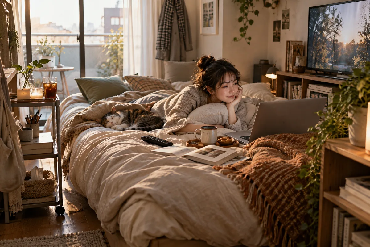 休日のすべてがベッドの周囲で済む部屋。手を伸ばせば生活が完結するのは、一人暮らしの強みでもある。