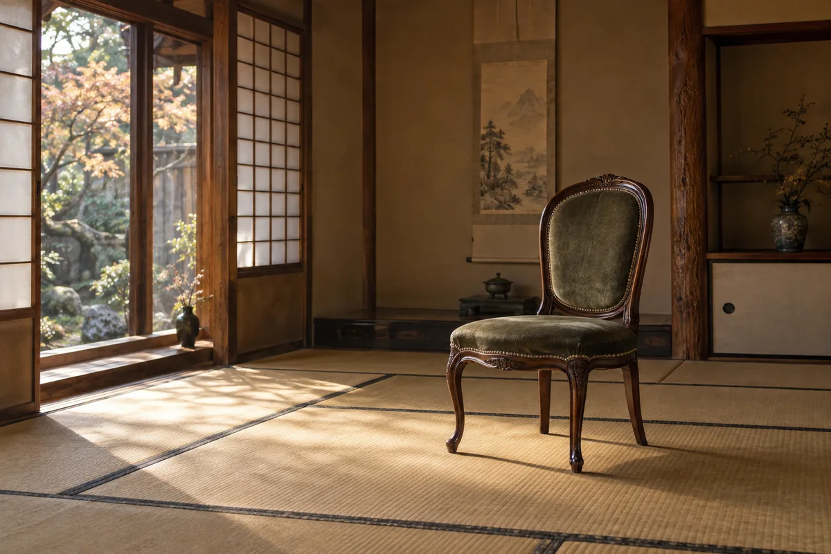 和室に一脚だけ置かれた洋椅子。異質なはずなのに、なぜかよく馴染んで見える。