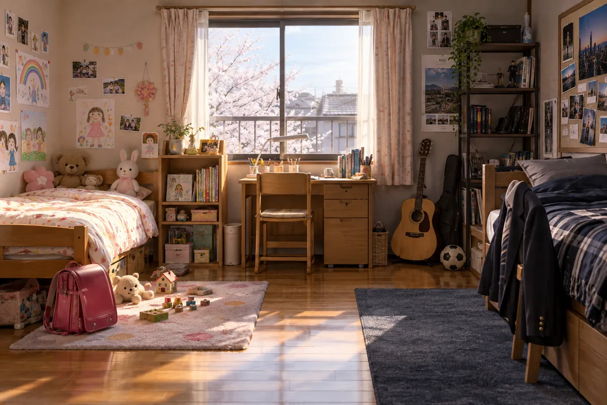 子どもの部屋の成長。同じ部屋なのに、置かれた物だけで年月が分かる。